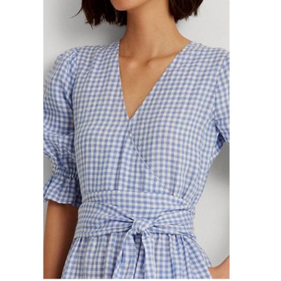 NWT Lauren Ralph Lauren Gingham Fit-and-Flare Linen Dress, Light blue - Picture 4 of 4